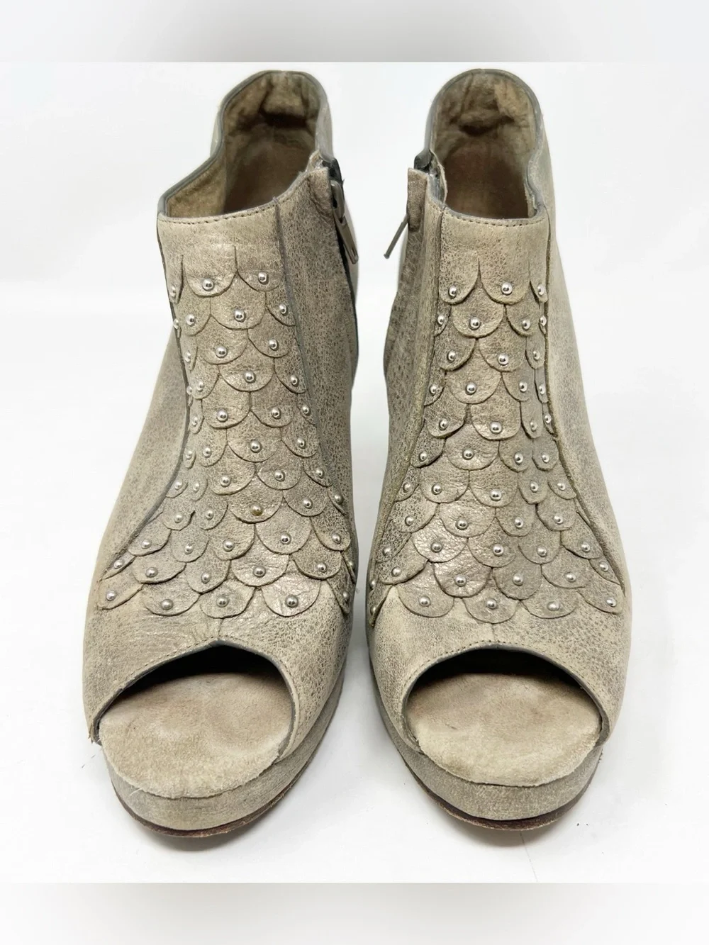 CALLEEN CORDERO TAUPE STUDDED LEATHER PEEP TOE CONE HEEL BOOTIES WOMENS SZ 7.5